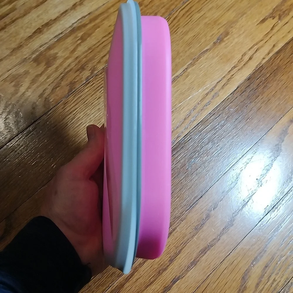 Pink Silicone Collapsible Lunch Dish with Lid & Utensil.